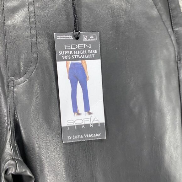 New Eden Pants Women 2 Black Super High Rise 90's Straight Sofia Faux Leather - Picture 4 of 13